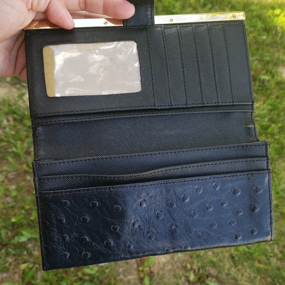 Antonio Melani Womens Cowhide Leather Ostrich Embossed Bifold Long Wallet Black